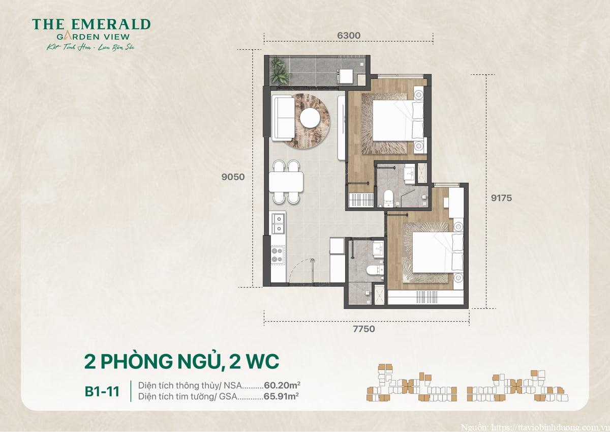 Bản vẽ thiết kế căn hộ 2 phòng ngủ, 2 phòng vệ sinh, mã B1-11, diện tích 65 m2