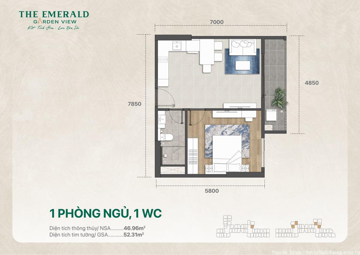 Bản vẽ thiết kế căn hộ một phòng ngủ một WC, diện tích 52 m2