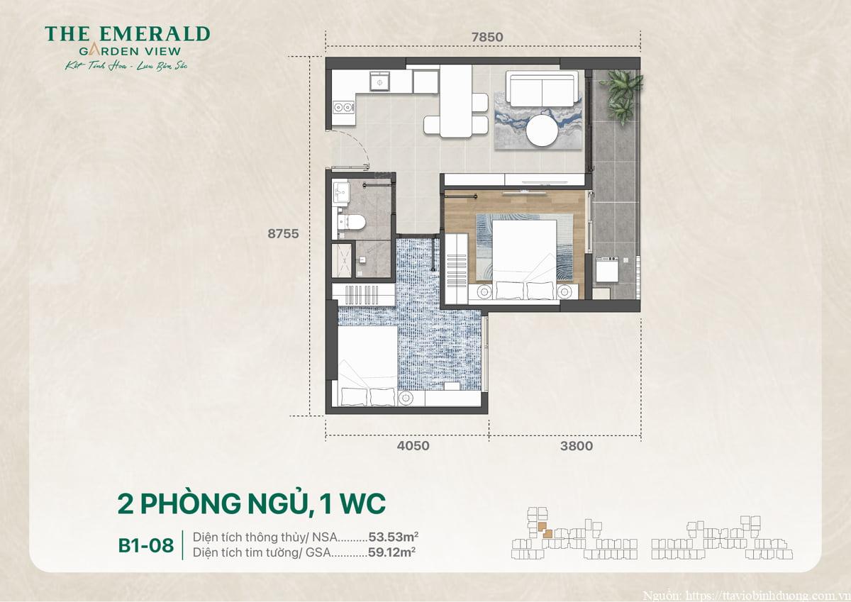 Mặt bằng thiết kế căn 2PN 1WC B1-08 với diện tích 59 m2 và phân bố không gian chức năng