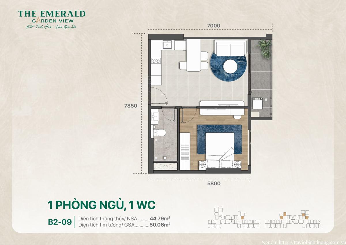 Mặt bằng thiết kế căn hộ 1PN 1WC mã B2-09 có tổng diện tích 50 m2