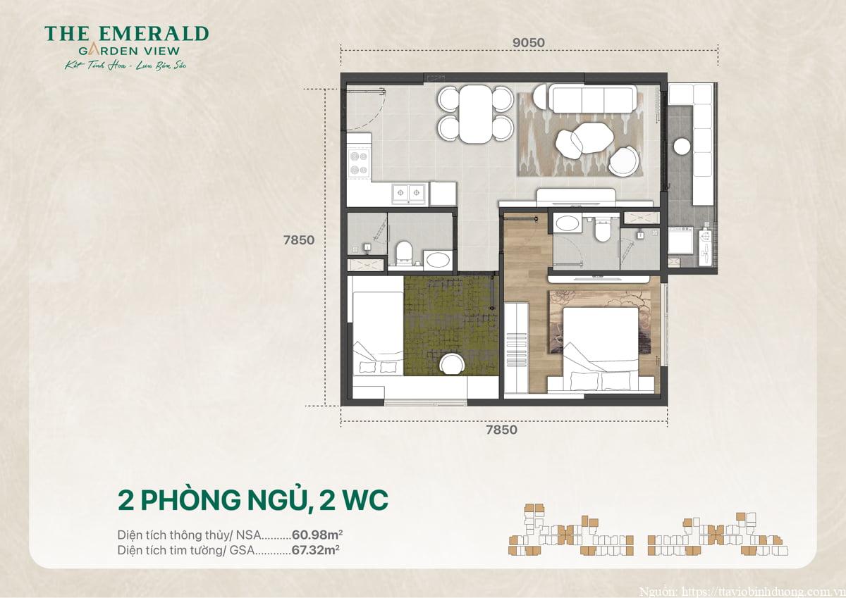 Mặt bằng thiết kế căn hộ 2 phòng ngủ 2 toilet, diện tích 67 m2, bố trí không gian phòng khách, bếp và ban công