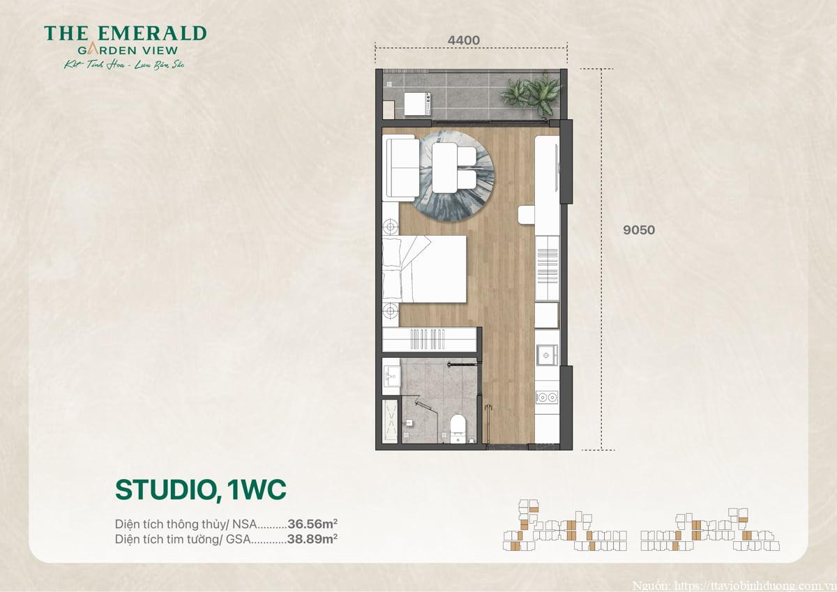 Mặt bằng thiết kế căn studio gồm 1 WC, tổng diện tích 38 m2