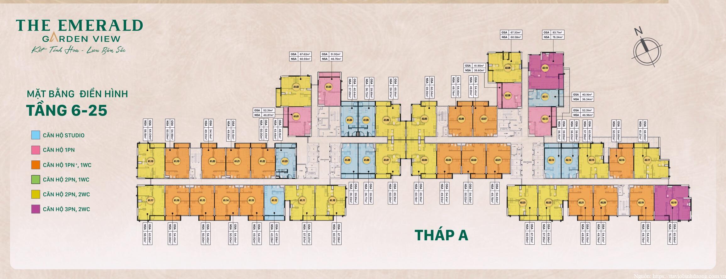 Tháp A The Emerald Garden View tầng 6-25, vị trí mã căn và diện tích