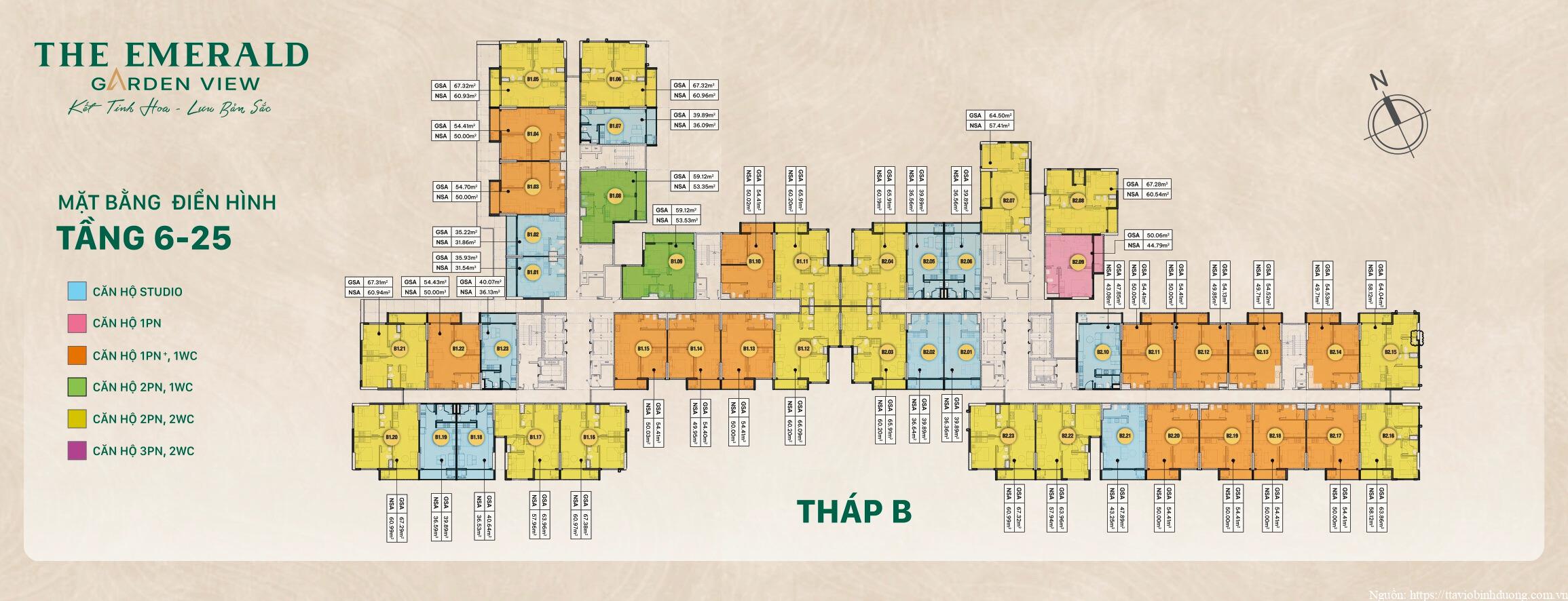 Tháp B The Emerald Garden View tầng 6–25: vị trí mã diện tích căn