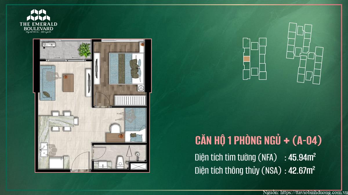 Thiết Kế Căn Hộ 1PN Plus A-04 The Emerald Boulevard