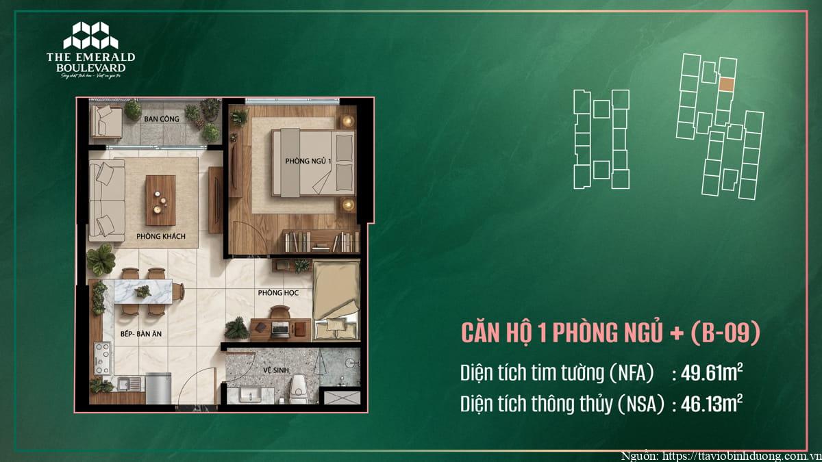 Thiết Kế Căn Hộ 1PN Plus B-09 The Emerald Boulevard