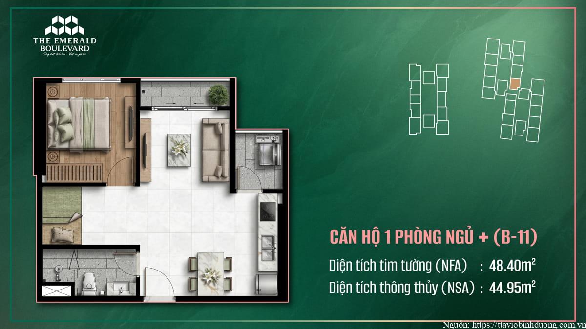 Thiết Kế Căn Hộ 1PN Plus B-11 The Emerald Boulevard