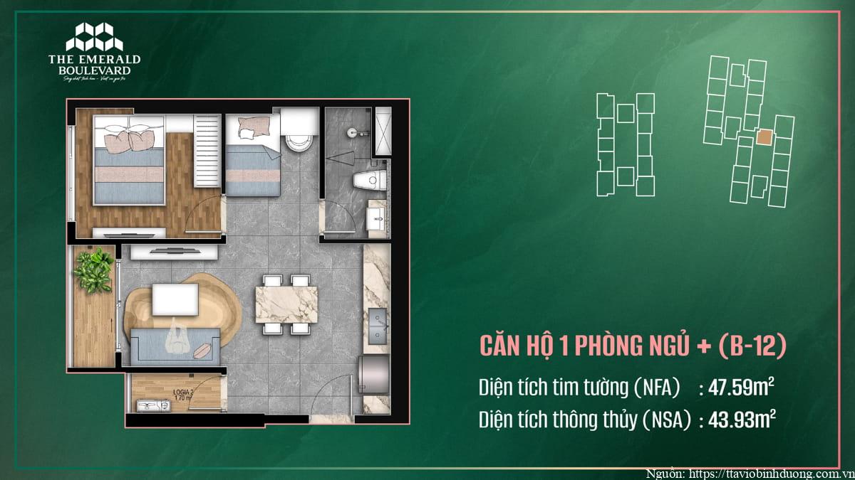 Thiết Kế Căn Hộ 1PN Plus B-12 The Emerald Boulevard