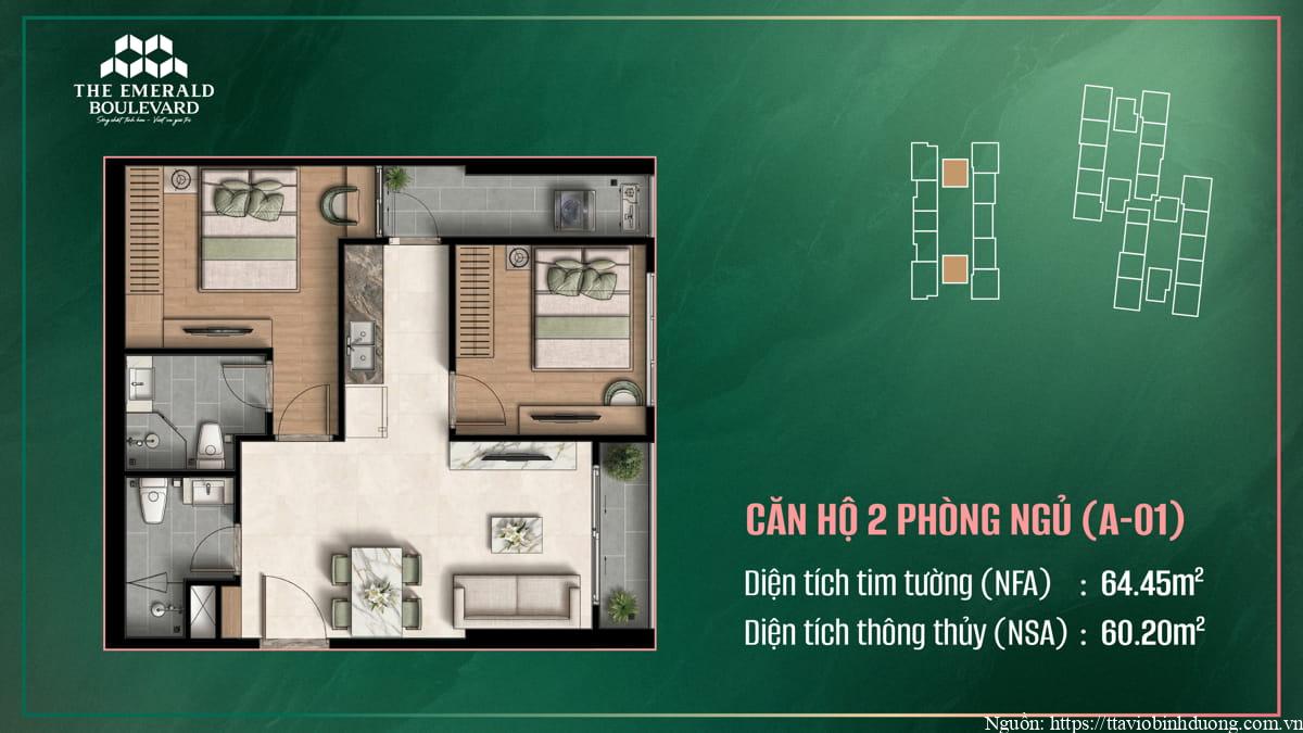 Thiết Kế Căn Hộ 2PN A-01 The Emerald Boulevard