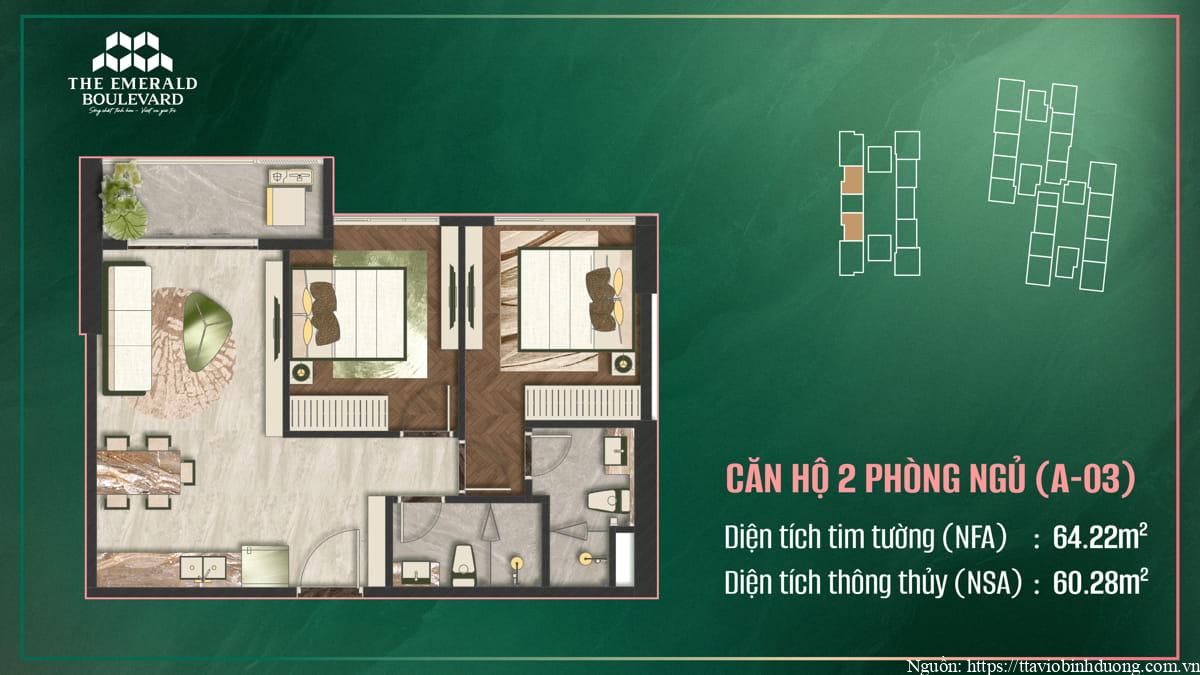 Thiết Kế Căn Hộ 2PN A-03 The Emerald Boulevard