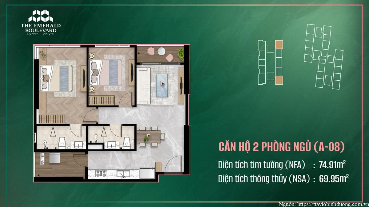 Thiết Kế Căn Hộ 2PN A-08 The Emerald Boulevard