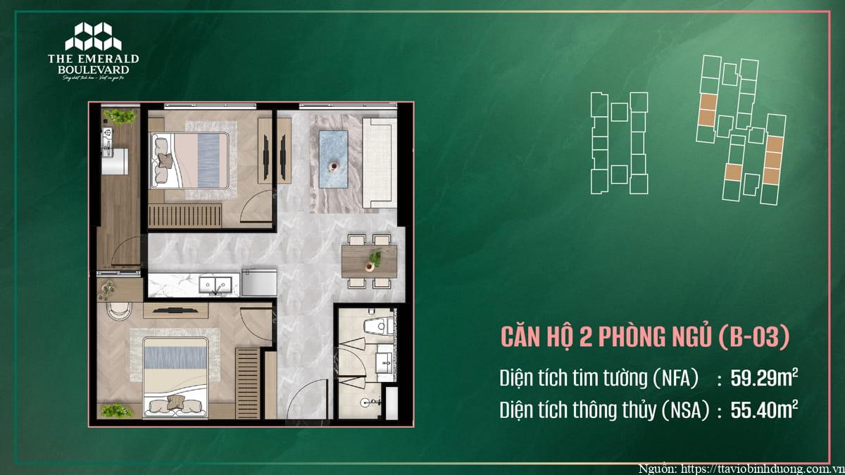 Thiết Kế Căn Hộ 2PN B-03 The Emerald Boulevard