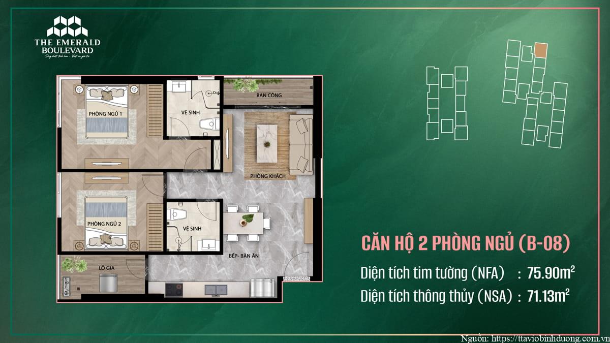 Thiết Kế Căn Hộ 2PN B-08 The Emerald Boulevard