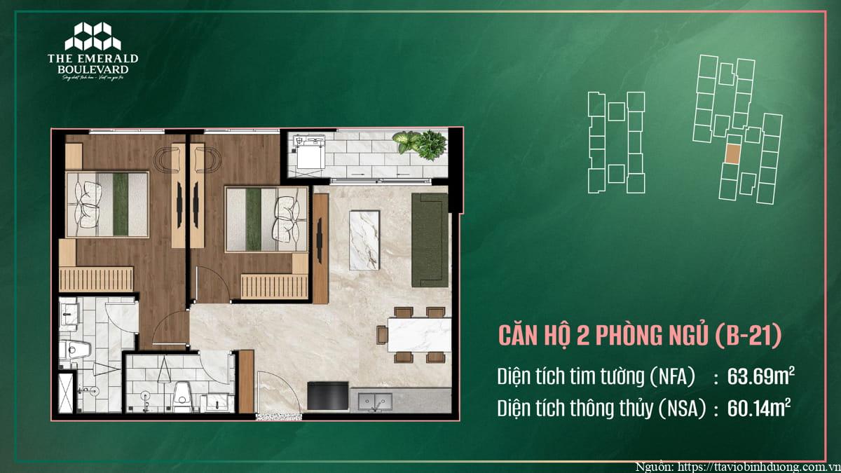 Thiết Kế Căn Hộ 2PN B-21 The Emerald Boulevard