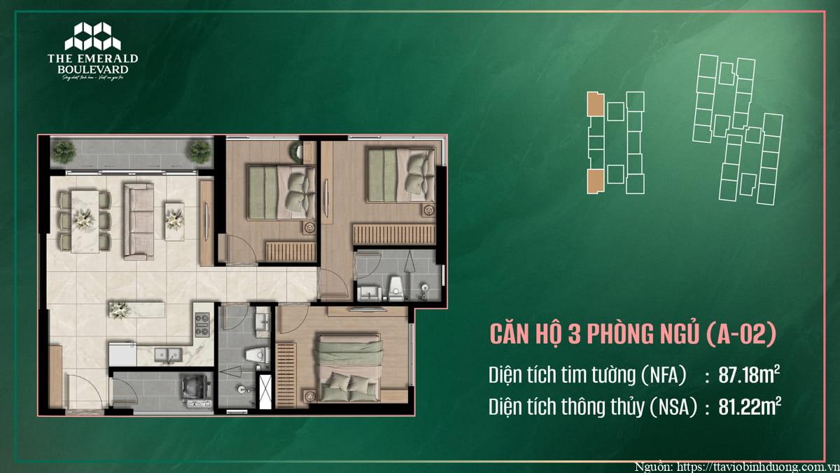 Thiết Kế Căn Hộ 3PN A-02 The Emerald Boulevard