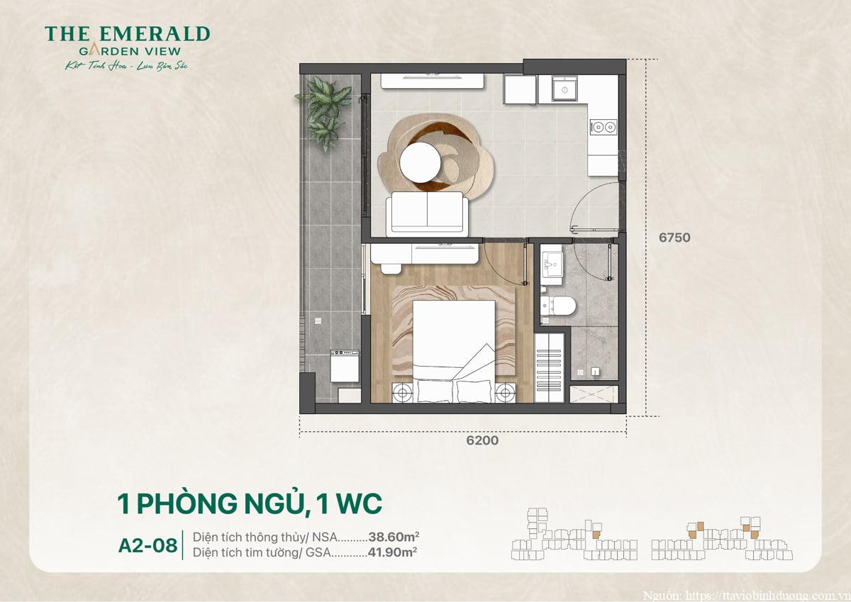 Thiết kế mặt bằng căn 1 phòng ngủ 1 phòng vệ sinh mã A2-08, diện tích 41 mét vuông
