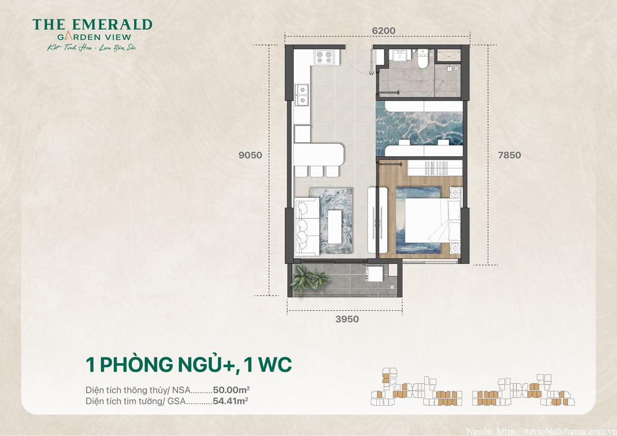Thiết kế mặt bằng căn hộ 1PN Plus có 1WC 54 m2