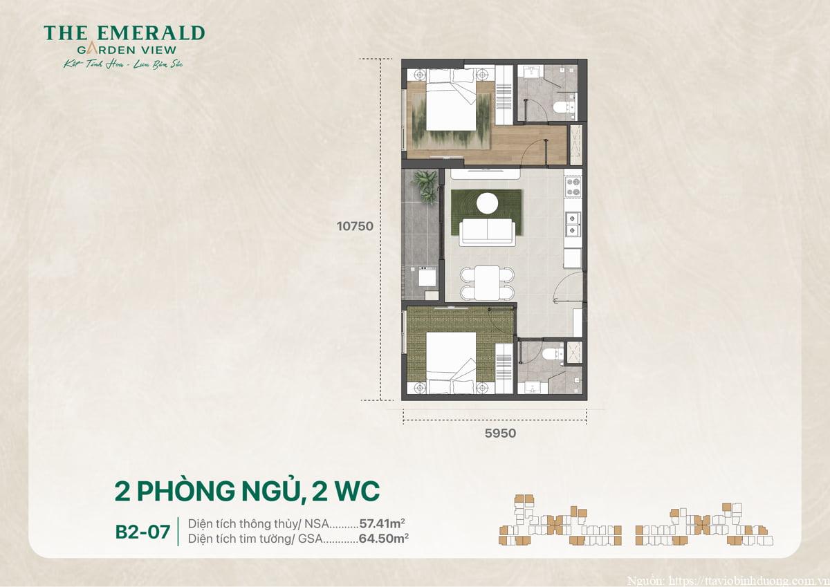 Thiết kế mặt bằng căn hộ 2PN 2WC B2-07 với diện tích 64 m2, bố trí phòng khách, bếp và 2 phòng ngủ