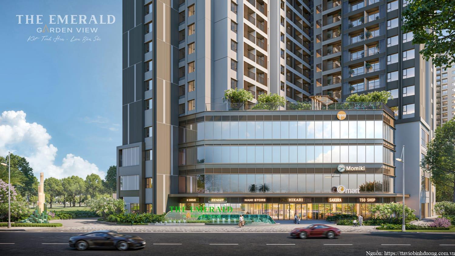 Trung tâm thương mại bốn tầng nằm trên khối đế của dự án The Emerald Garden View phối cảnh